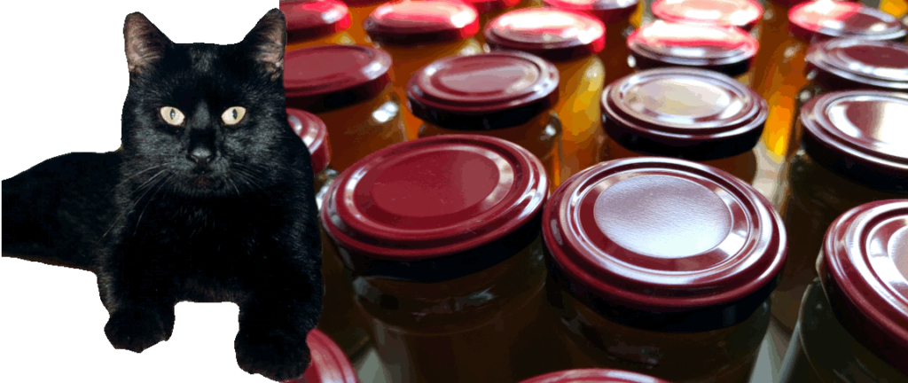 Header Gourmetkater.com: Scharzer Kater mit Marmeladengläsern