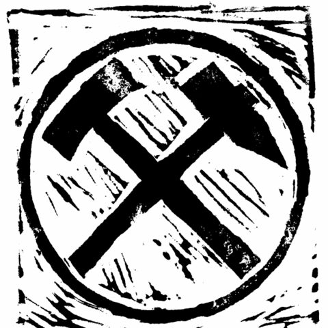 Linolschnitt Glück Auf mit Hammer, Stößel im Kreis und Schrift Glück Auf